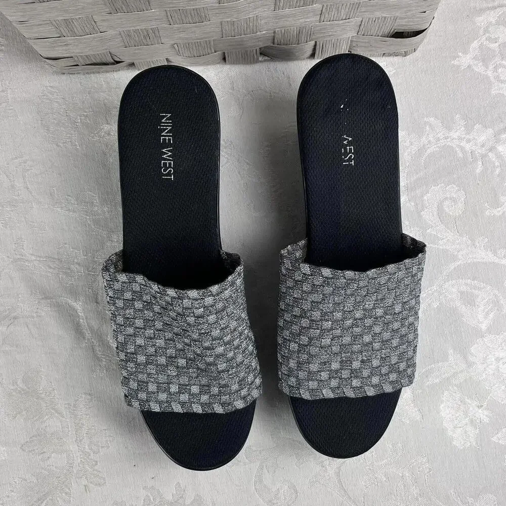 Nine West Womens Shoes Size 8.5 Silver Metaalic Textile Fabric Slide Wedge Heel - Picture 5 of 13